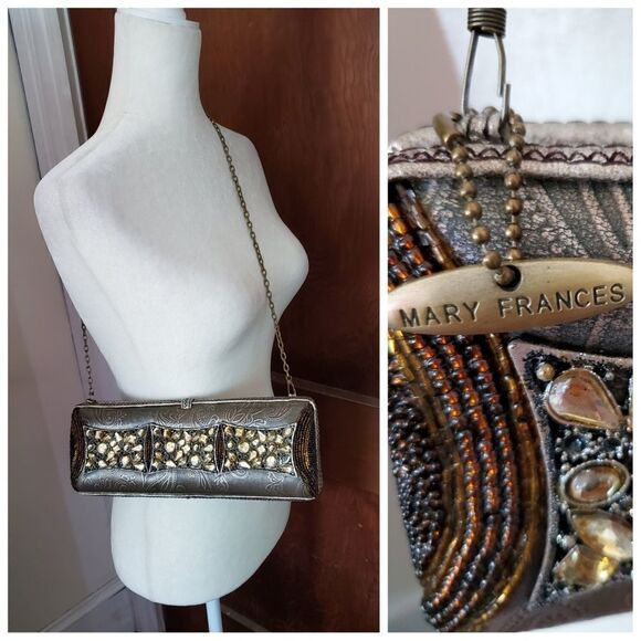 MARY FRANCIS beaded purse vintage‎ embossed shell bag with chain strap - Picture 1 of 8
